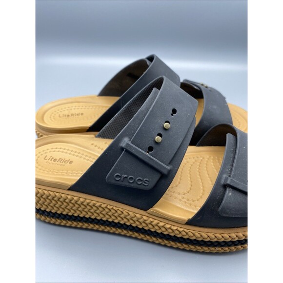 Crocs LiteRide Shoes Black Tan Strap Brooklyn Mid Platform Wedge Sandals 7 - Picture 9 of 13